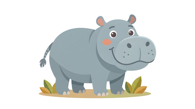 Cute African hippopotamus, premium flat vector illustration, modern children's style, clean geometric shapes, soft natural colors, isolated on white background