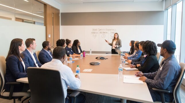 Diverse Employees in Business Meeting Discussing Heatwave Safety