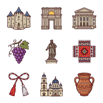 Set of vector doodle icons illustrating Moldovan landmarks and culture: Soroca Fortress, Chisinau Triumphal Arch, Stefan cel Mare statue, grapes, traditional rug, Martisor, and pottery.