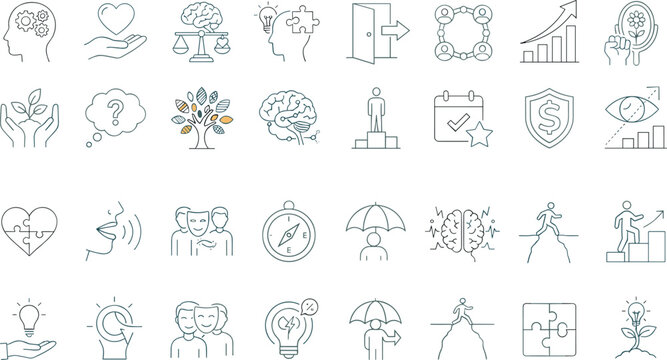 Personal Development and Leadership Outline Icon Set Featuring Growth, Mindset, Teamwork, Emotional Intelligence, Goal Setting, and Success Symbols