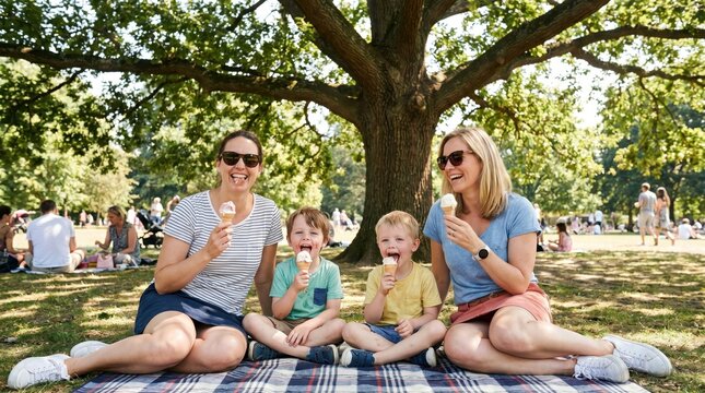 Family Enjoys Ice Cream on Summer Bank Holiday Picnic