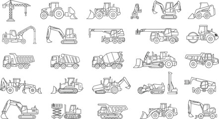 Construction Vehicles and Heavy Machinery Outline Icon Set Featuring Excavators, Bulldozers, Loaders, Cranes, Dump Trucks, Rollers, and Industrial Equipment © MdSumon