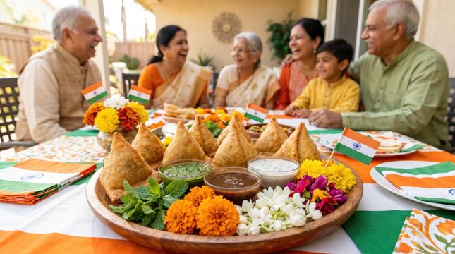 Festive Samosa Platter and Family Celebrating India's Independence Day