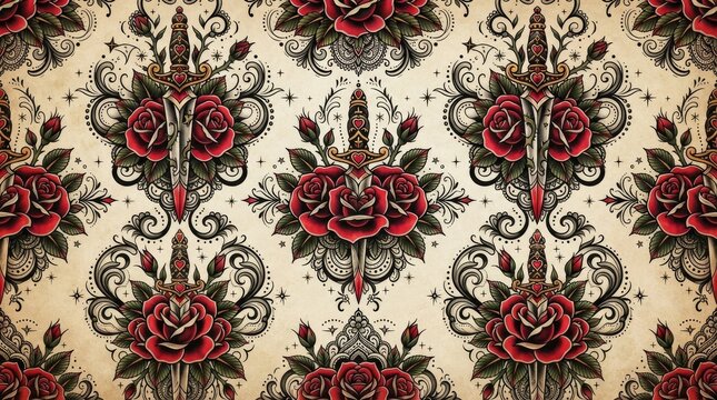 Greece patterns rustic dagger and rose tattoo motif with seamless ornament decorative wallpaper traditional handcrafted