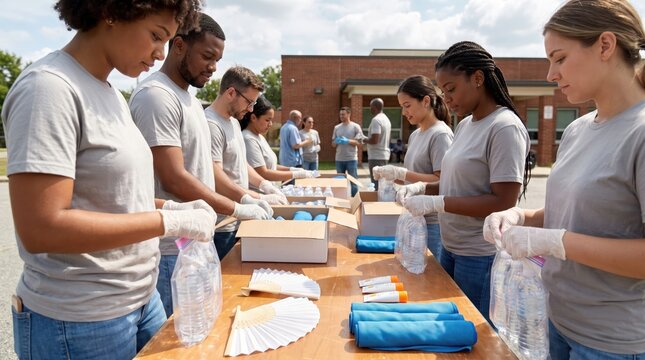 Volunteers preparing Heatwave Safety supplies outdoors