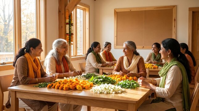 Indian Women Preparing Garlands for India Independence Day Celebration