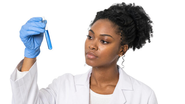 African American Female Scientist Examining Test Tube with Blue Liquid in Laboratory
