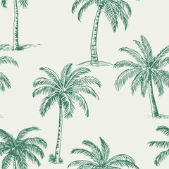 Green palm trees sketched on a light background in a repeating pattern for tropical design concepts © SA Graphic Desing