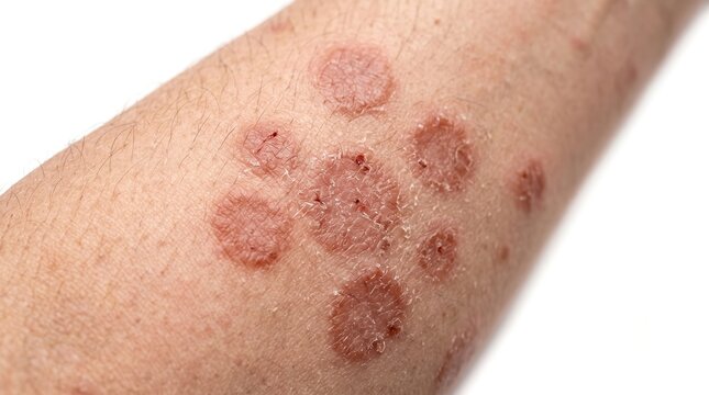 Multiple Annular Psoriasis Plaques on Human Arm Close Up View