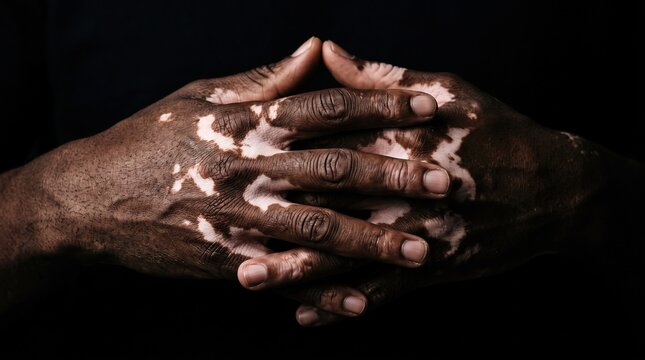 Close Up of Clasped Hands with Vitiligo Depigmentation Patches on Dark Skin