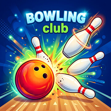 Bowling club celebration with striking pins and ball. Fun sports event featuring animated bowling alley action and dynamic motion effects.