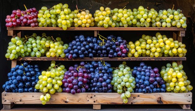 Fresh variety of red, green, and purple grapes displayed on rustic wooden shelves at a market