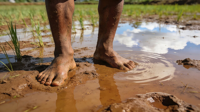 Farmer's bare feet in muddy rice paddy field, agriculture, rural life
