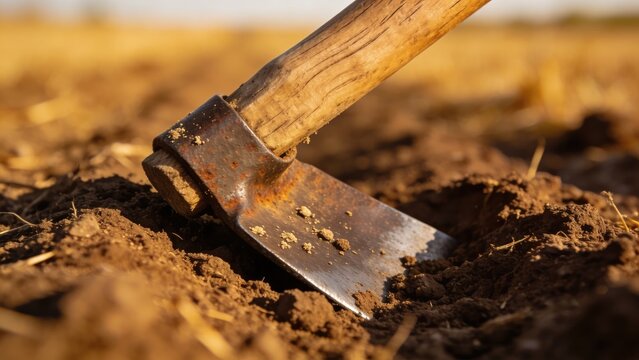 Close-up of a rusty hoe digging into dry soil, preparing farmland for planting