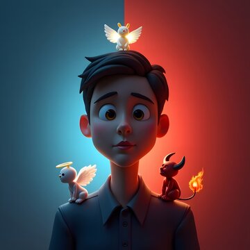 A cartoon boy with a devil and angel on his shoulders making a choice