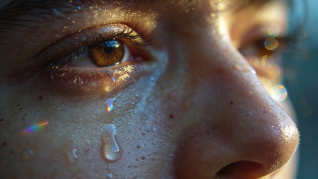 Close-up of a person's tearful eye with water droplets reflecting sunlight
