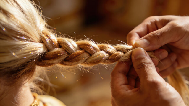 Close-up of hands braiding blonde hair, creating a textured braid with sunlight glinting.