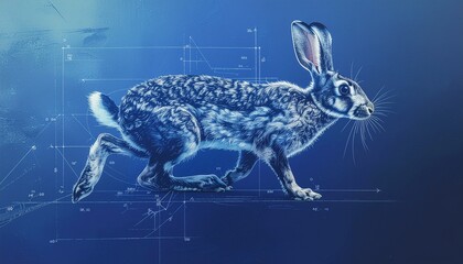 Rabbit tracks illustration. Digital blueprint schematic of a running hare in blue light.