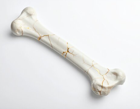 White bone-shaped object with golden cracks on a white background
