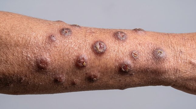 Prurigo Nodularis Crusted Nodules and Lesions on Dark Skin Forearm Close Up