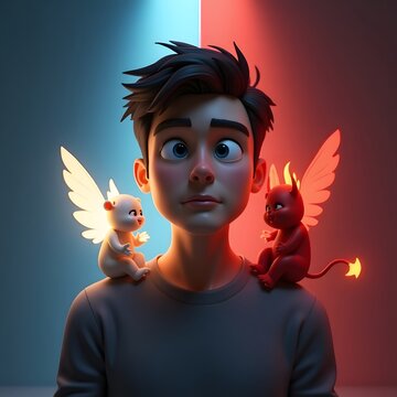 A young man with angel and devil creatures on his shoulders