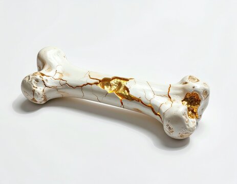 Ceramic bone, fractured and repaired with gold, on white background