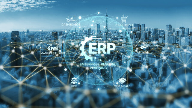 ERP platform visual showing centralized system for enterprise resource planning, improving integration, data flow, business efficiency, finance, inventory, and human resources. Spline