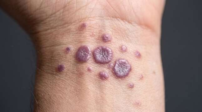 Lichen Planus Polygonal Purple Papules and Wickham Striae on Wrist Close Up