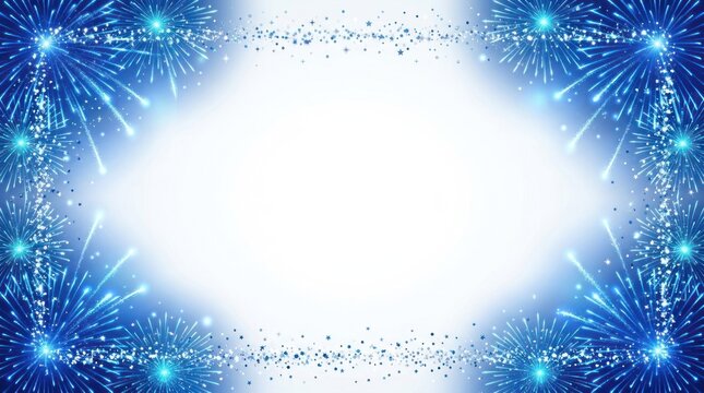 A blue fireworks frame with sparkles and fireworks in the background.
