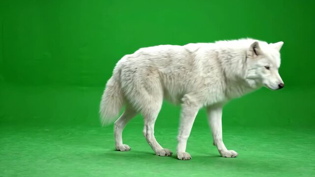 Majestic arctic wolf walking slowly through frame and looking at camera against chroma key green screen background