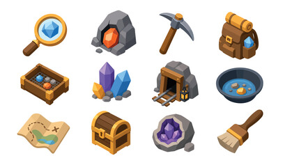 Colorful pixel art treasure and mining icons collection. © Kenn