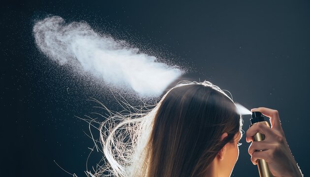 Woman applying hair spray mist on long brown hair against dark blue background, creating dramatic cloud effect
