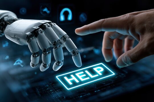 Robot hand and human finger pressing glowing help button on digital interface with cinematic blue lighting for ai customer support marketing