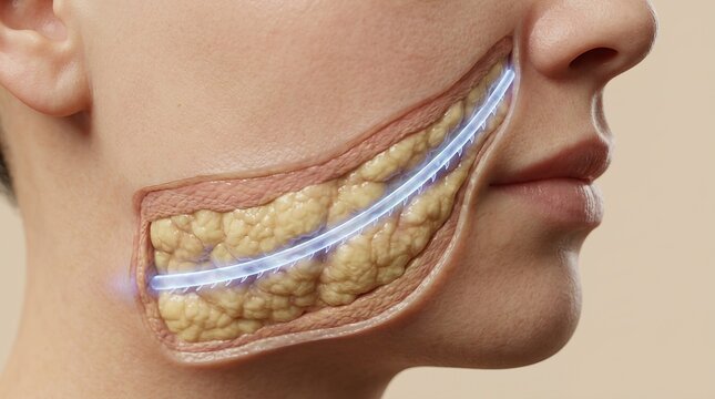 3D Cross Section Render of PDO Thread Lift Barbed Cog in Facial Fat Layer