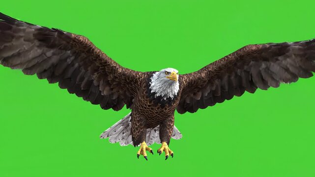 Majestic bald eagle flying with steady wing flaps in a seamless loop isolated against a professional green screen background for easy compositing