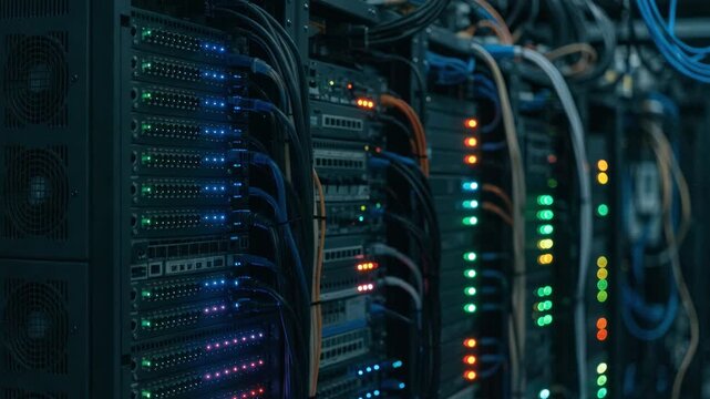 Medium shot capturing a row of telecom racks with blinking network lights sharply in focus background dim and blurred illustrating an ongoing upgrade process.