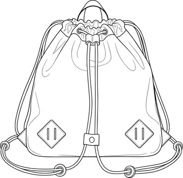 Detailed line drawing of drawstring backpack with straps and gear attachment patches for fashion, product, and design illustration