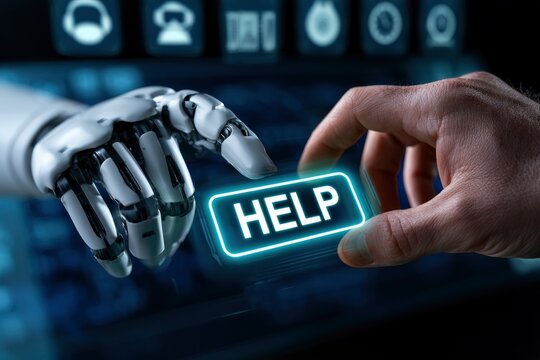 Ai robot and human hand pressing a glowing help button on a digital interface with cinematic lighting for customer support technology marketing