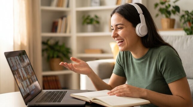 Young woman laughing on a video call with headphones and laptop in a cozy home office for remote work and online education.