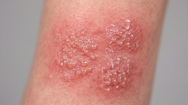 Cluster of Eczema Herpeticum Vesicles with Erythema on Human Arm Close Up