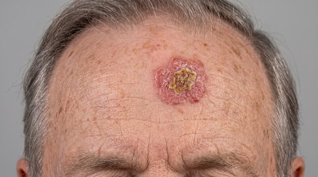Actinic Keratosis Precancerous Ulcerated Lesion on Male Forehead Close Up