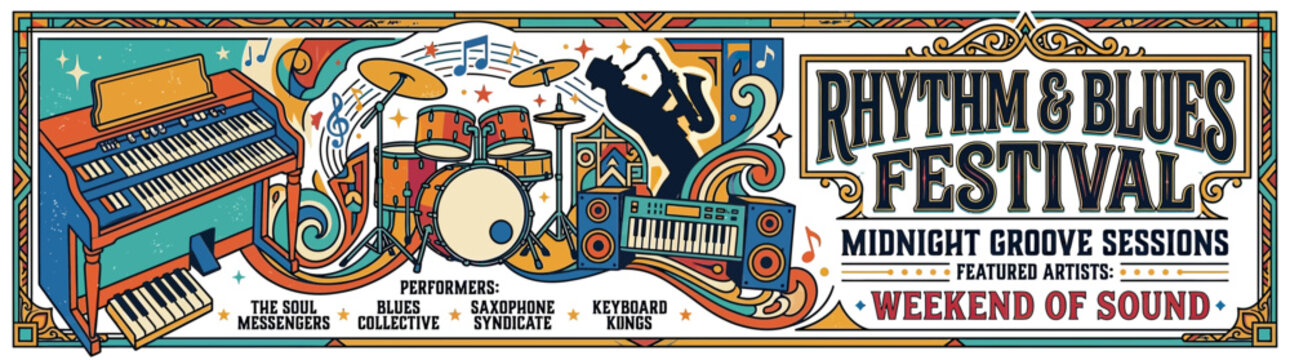 Retro Music Festival Banner with Instruments and Silhouette