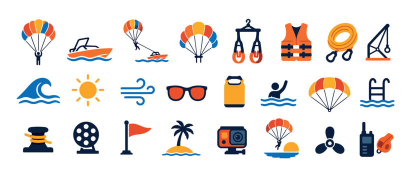 Colorful flat icons of summer water sports and beach activities.
