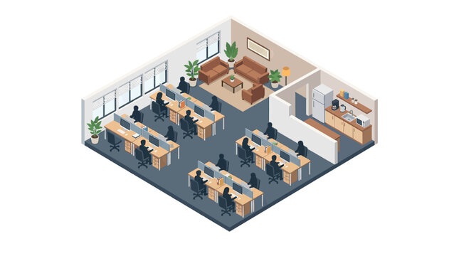 Isometric Modern Office Workspace with People Working at Desks