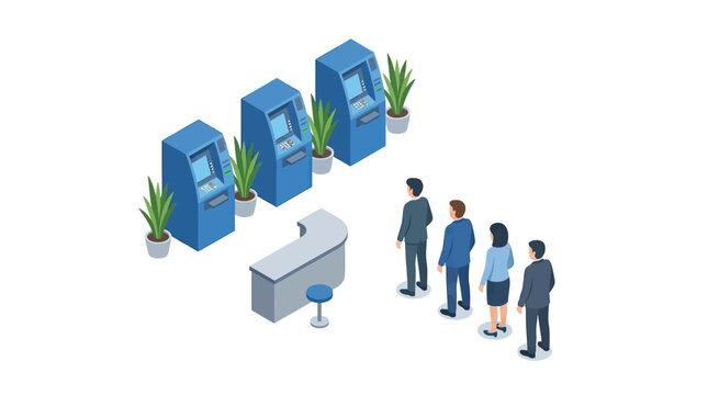 Isometric illustration of people queueing at automated teller machines