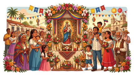 Obraz premium Diverse Mexican family gathering around a religious shrine to the Virgin Mary.