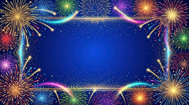 A vibrant fireworks display against a dark blue background, with a white border framing the fireworks.
