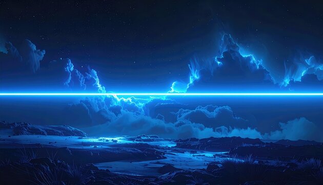 Ethereal blue light illuminates a stormy, alien landscape with glowing water