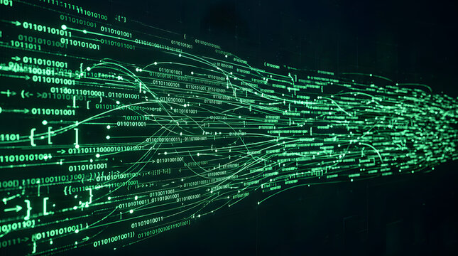 Green binary data stream flowing through cyberspace