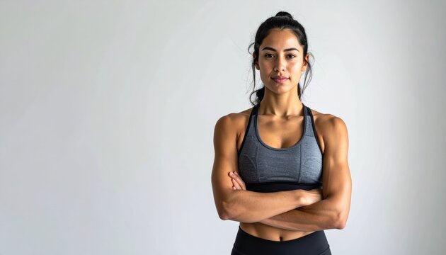 Confident athletic young fitness woman standing with arms crossed on grey background